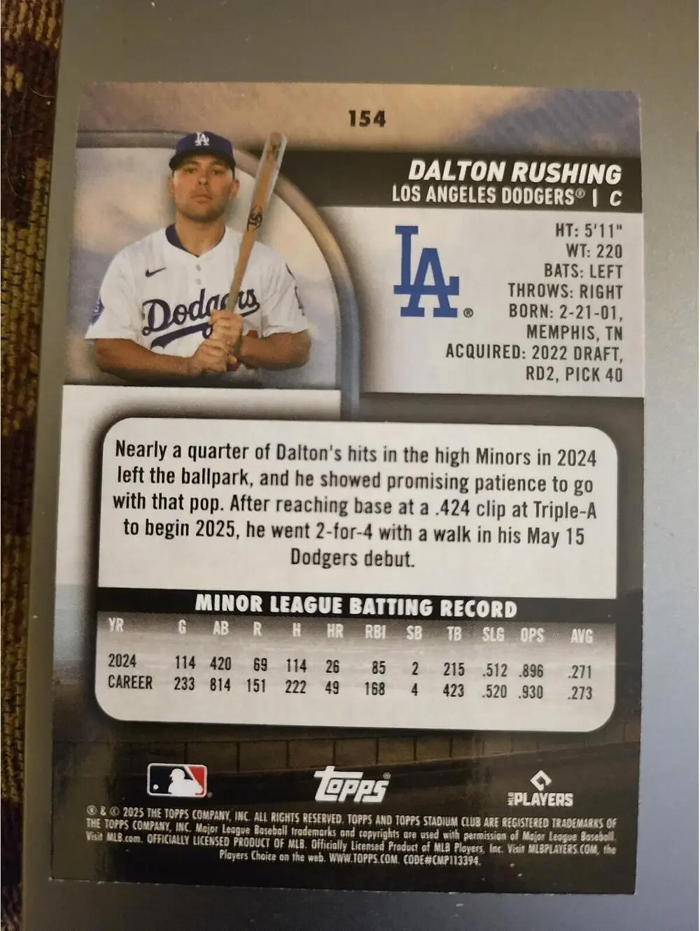 Dalton Rushing (RC) [Sepia insert] #154 2025 Topps Stadium Club - Rookie Dodgers